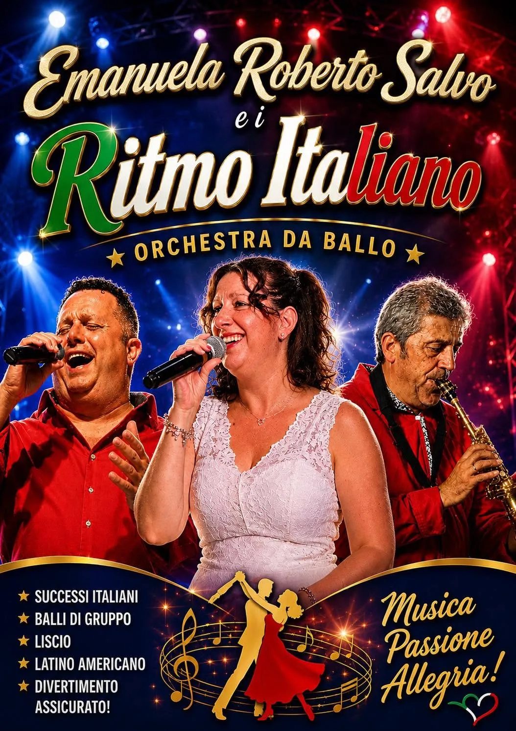 La locandina di Emanuela Roberto Salvo e Ritmo Italiano: i tre musicisti sul palco sotto i fari